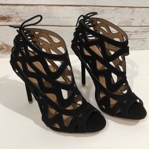 JustFab black lace back open toe heels